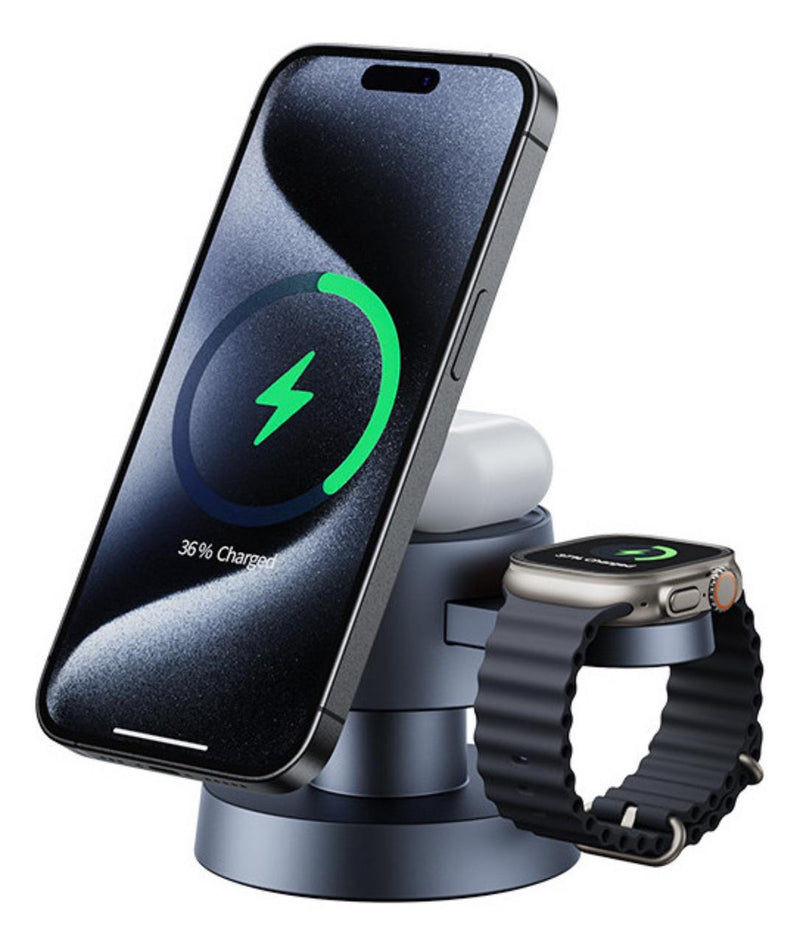 Flux 3 em 1 – Carregador Inteligente e Compacto. O Original com Luz Touch e Imã Ultra Forte, com 4 estações de carregamento