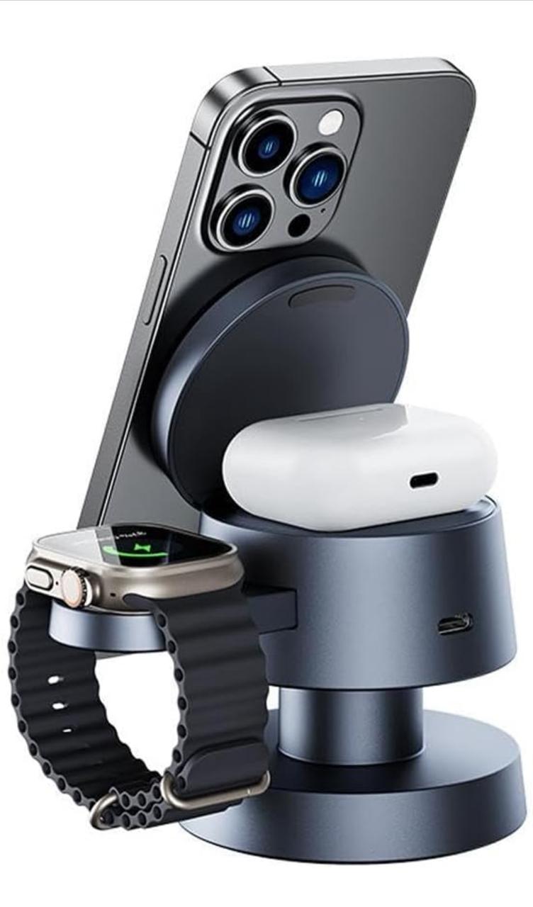 Flux 3 em 1 – Carregador Inteligente e Compacto. O Original com Luz Touch e Imã Ultra Forte, com 4 estações de carregamento